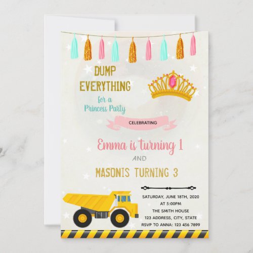 Construction and princess joint party invitation