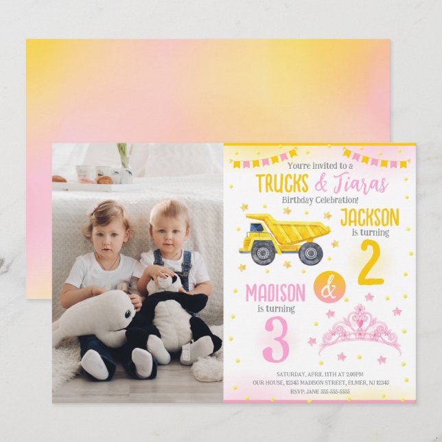Construction and Princess Siblings Joint Birthday  Invitation (Front/Back)