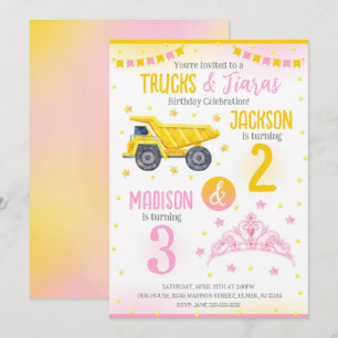 Construction and Princess  SIblings Joint Birthday Invitation