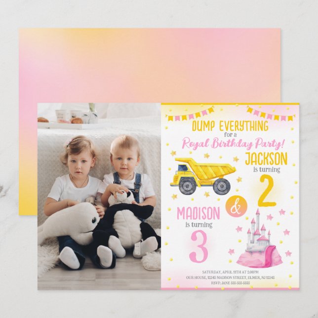 Construction and Princess  Siblings Joint Birthday Invitation (Front/Back)
