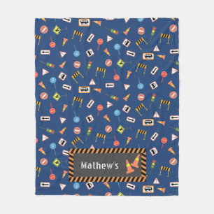 Construction and Road Signs Blue. Fleece Blanket