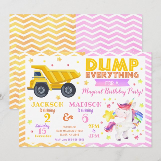 Construction and Unicorn Joint Birthday Invitation (Front/Back)