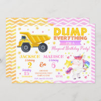 Construction and Unicorn Joint Birthday Invitation