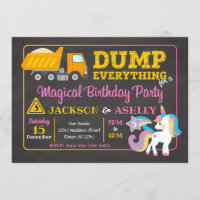 Construction and Unicorn Joint Birthday Invitation