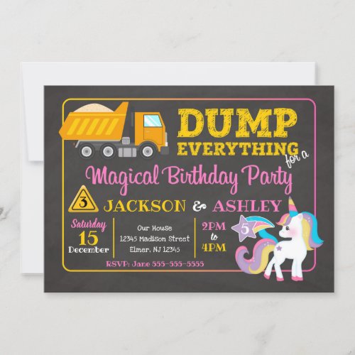 Construction and Unicorn Joint Birthday Invitation