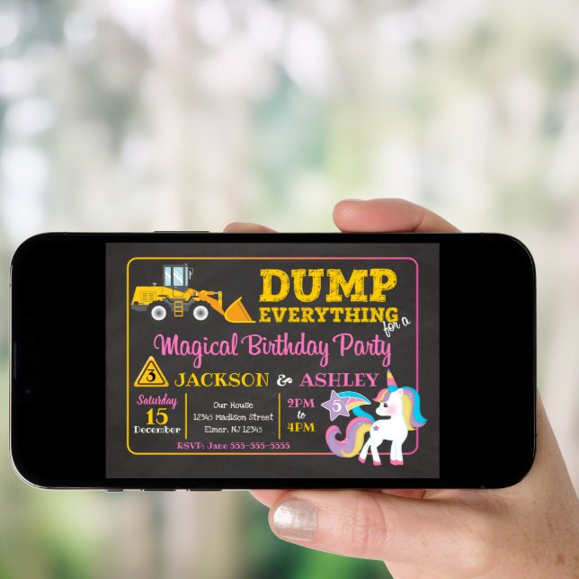 Construction and Unicorn Joint Birthday Invitation (Front Digital)