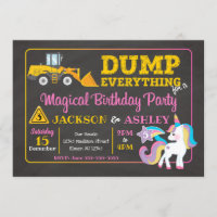 Construction and Unicorn Joint Birthday Invitation