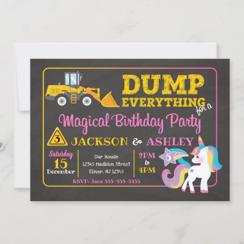 Construction and Unicorn Joint Birthday Invitation