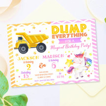 Construction and Unicorn Joint Birthday Invitation