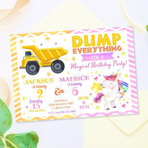 Construction and Unicorn Joint Birthday Invitation