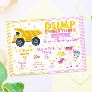 Construction and Unicorn Joint Birthday Invitation