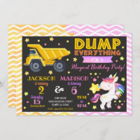 Construction and Unicorn Joint Birthday Invitation