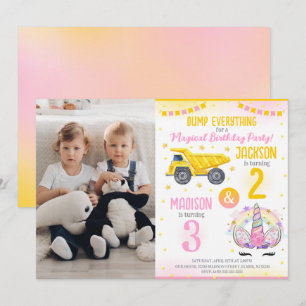 Construction and Unicorn Siblings Joint Birthday Invitation