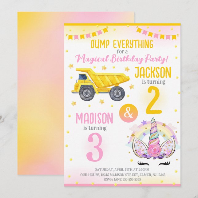 Construction and Unicorn Siblings Joint Birthday Invitation (Front/Back)
