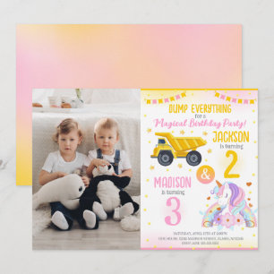 Construction and Unicorn Siblings Joint Birthday Invitation