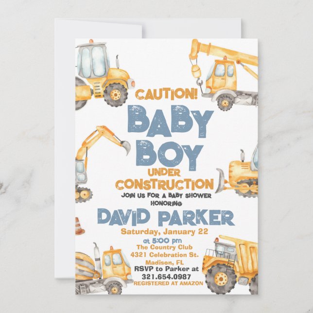 Construction Baby Boy Dump Truck Party Invitation (Front)
