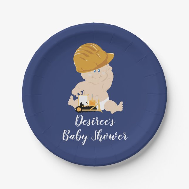 Construction Baby Bulldozer Baby Shower Paper Plates (Front)