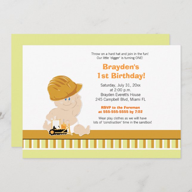Construction Baby Custom 1st Birthday Invitation (Front/Back)