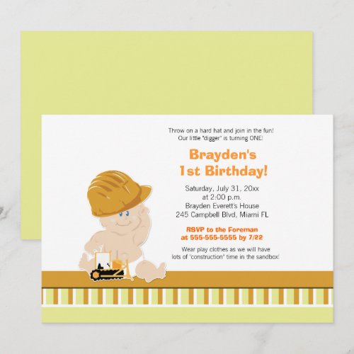 Construction Baby Custom 1st Birthday Invitation