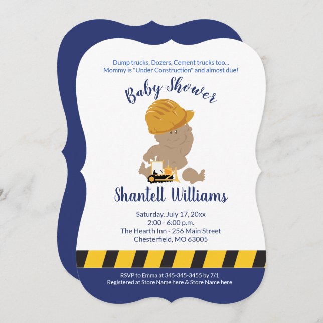 Construction Baby Dark Skin Baby Shower Invitation (Front/Back)