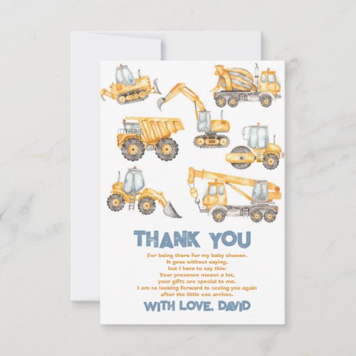 Construction Baby Shower Dump Truck Party Thank You Card
