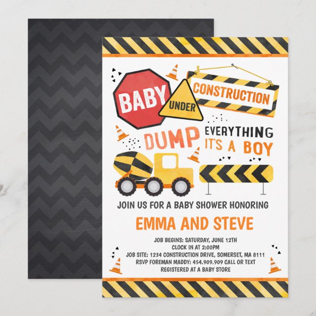 Construction Baby Shower Invitation Truck Shower (Front/Back)
