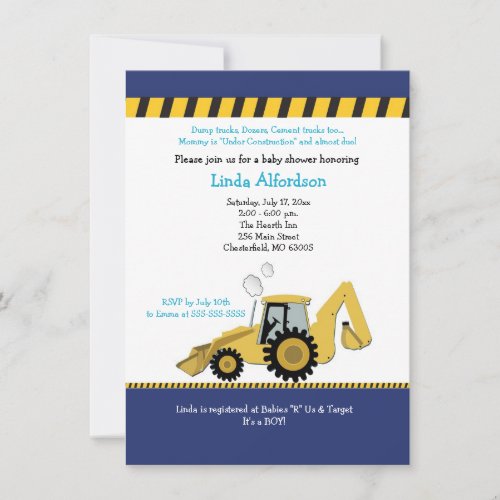 Construction Backhoe Baby Shower Invitation