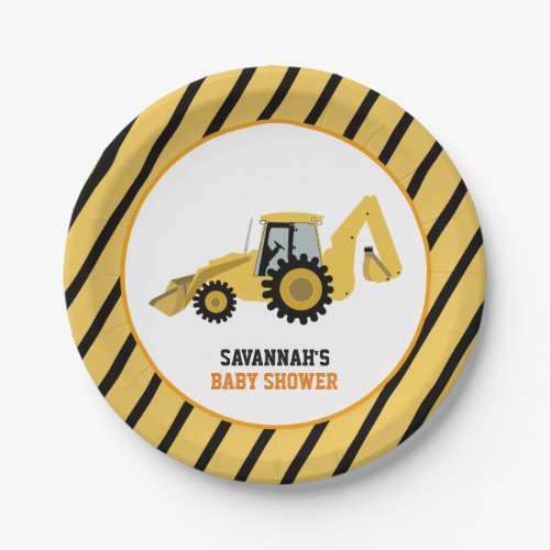 Construction Backhoe Baby Shower Paper Plate