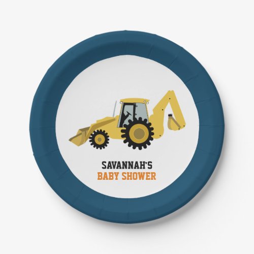 Construction Backhoe Baby Shower Paper Plate