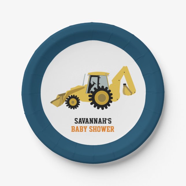 Construction Backhoe Baby Shower Paper Plate (Front)