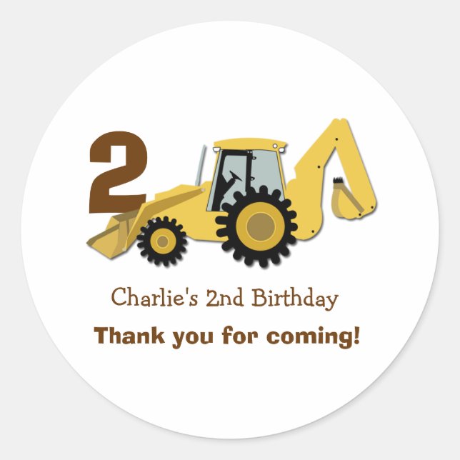 Construction Backhoe Birthday Favor Stickers (Front)