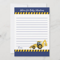 Construction Backhoe Boy Baby Shower Advice Cards