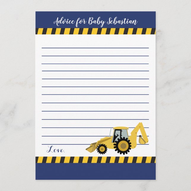 Construction Backhoe Boy Baby Shower Advice Cards (Front)