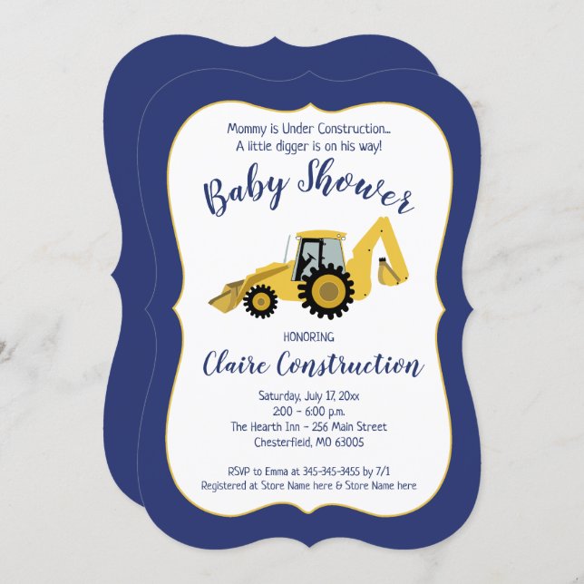 Construction Backhoe Boy Baby Shower Invitation (Front/Back)