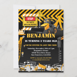 Construction Backhoe Kids Birthday Party Invitation