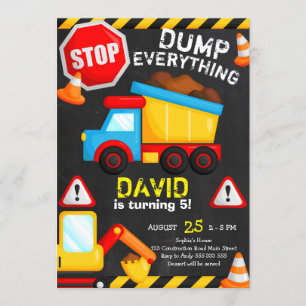 Construction Birthday Boy Chalkboard Dump Truck Invitation
