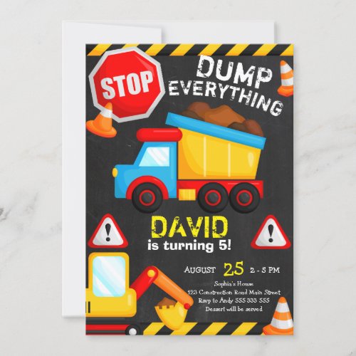 Construction Birthday Boy Chalkboard Dump Truck Invitation