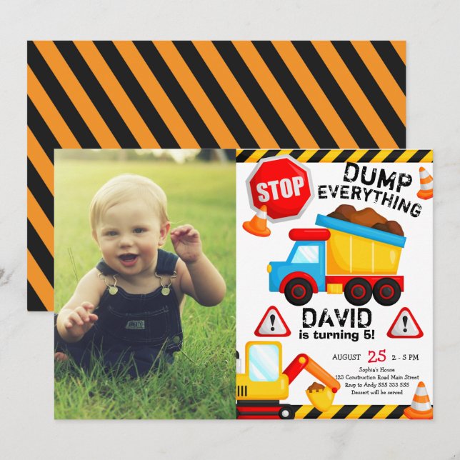 Construction Birthday Boy Dump Truck with Photo Invitation (Front/Back)