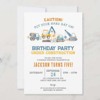 Construction Birthday, Digger Boy 5th Birthday Invitation