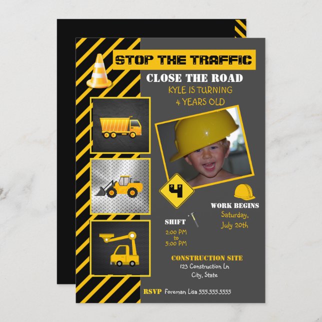 Construction Birthday | Dump Truck Bull Dozer Invitation (Front/Back)