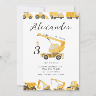 Construction Birthday Dump Truck Digger Excavator  Invitation