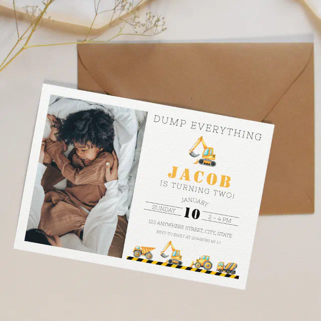 Construction Birthday Dump Truck Digger Photo Invitation Zazzle