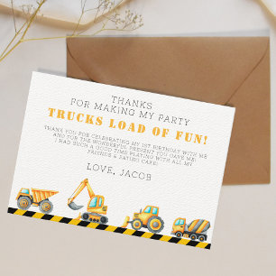 Construction Birthday Dump Truck Digger Thank You Card