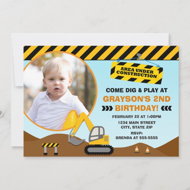 Construction Birthday Invitation 5x7 Photo Card (Front)