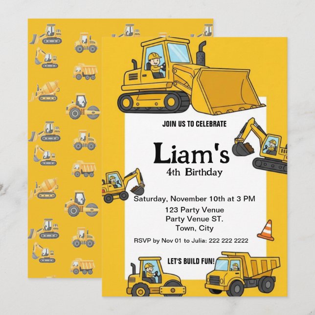 Construction Birthday Invitation |Boy Truck Party  (Front/Back)