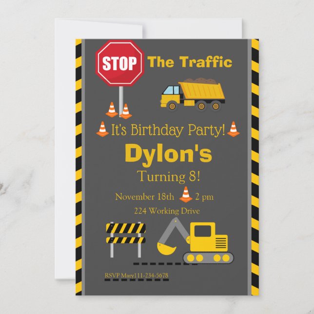 Construction Birthday Invitation, Bull Dozer  Invi Invitation (Front)