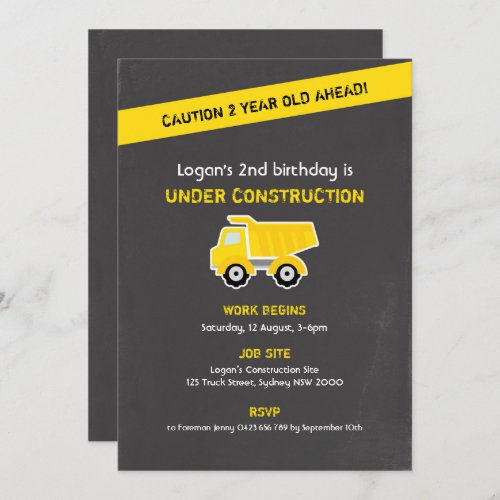 Construction Birthday Invitation Chalk Invitation