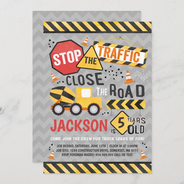 Construction Birthday Invitation Dump Truck Party (Front/Back)