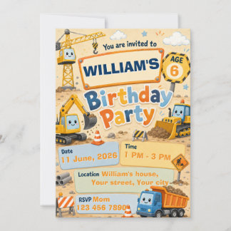 Construction Birthday Invitation for Kids