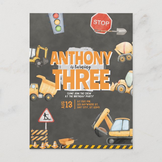 Construction Birthday Invitation Postcard (Front)